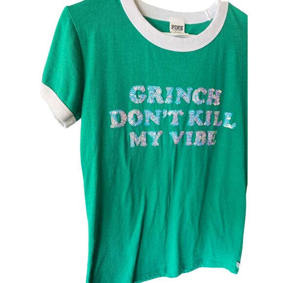 Pink Victoria's Secret Grinch Christmas Top S Womens Green Sequin Short Sleeve - Picture 3 of 6